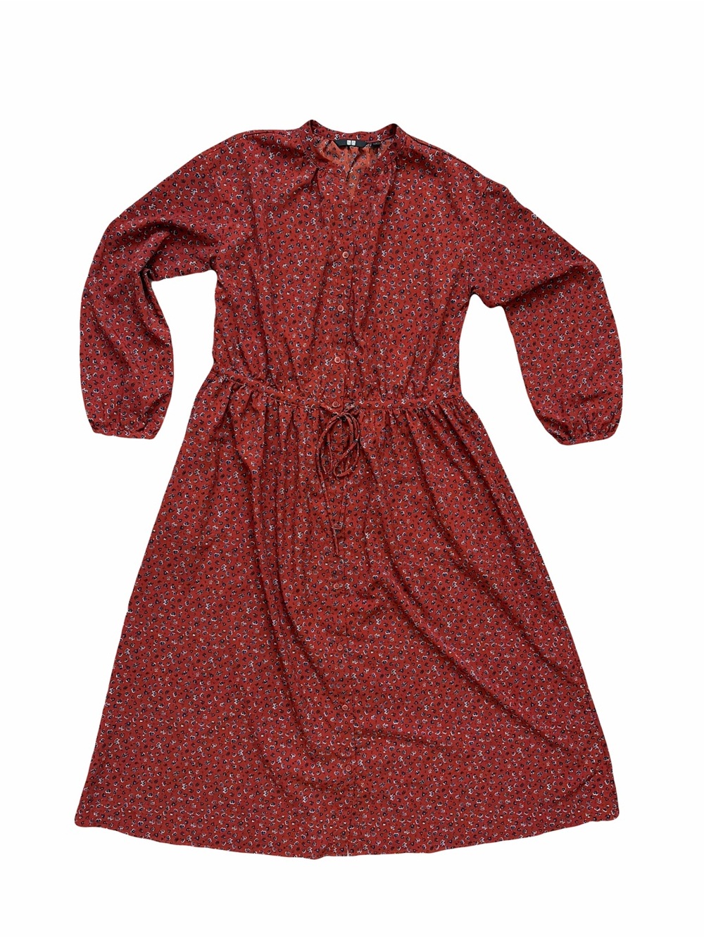 Uniqlo Printed V-Neck Rust Long-Sleeve Shirt Dress - Picture 2 of 4